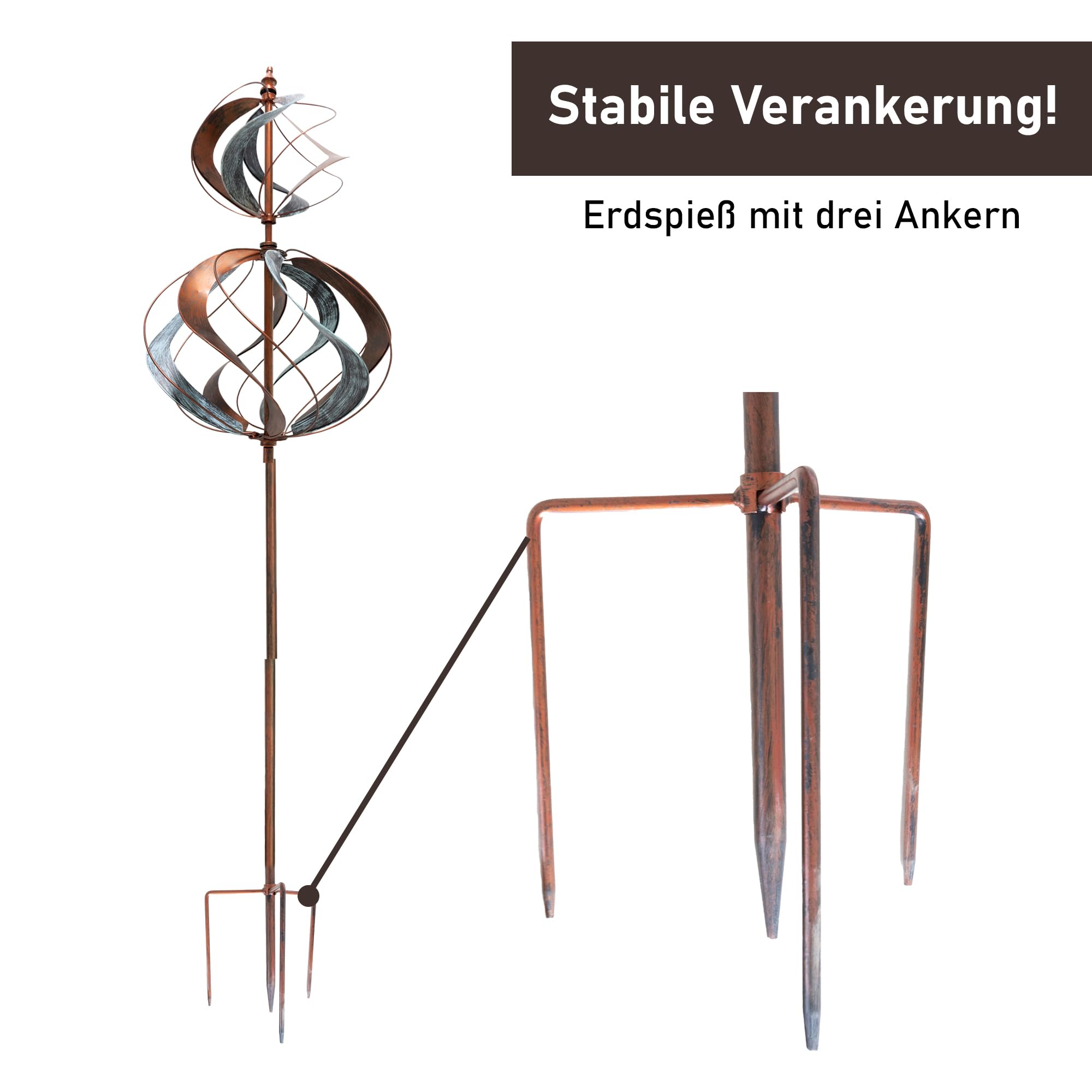LEMODO Windrad Tulip mit gegenläufigen Rotoren | Gartendeko in 3 Höhen aufbaubar | Gartenstecker 213 cm hoch | Windmühle in Kupferoptik | Windskulptur mit Charme