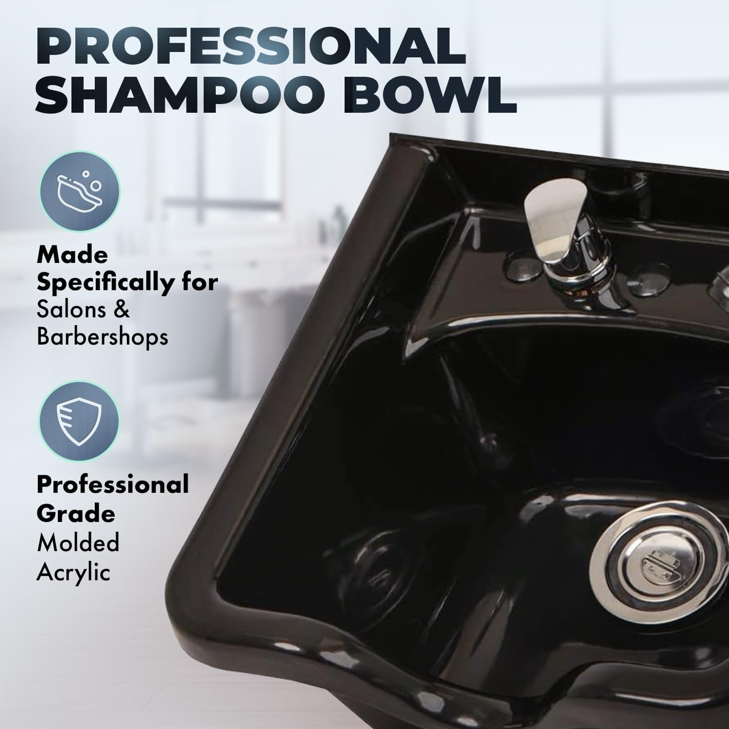 Buy-Rite Deep Acrylic Shampoo Bowl for Professional Salons & Barber Shops - Black Backwash Sink w/Hardware, Spray Hose, Drain & Hair Trap - 18.75" x 19.25" x 9.5", OD-31505