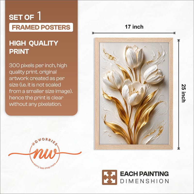 Image of NoWorries Floral Botanical Wall Painting with Frame | Premium Textured Flower & Leaf Artwork, Pastel Nature Wall Decor Framed for Living Room Bedroom Office and Home Decoration (Art-9,17x25inch)