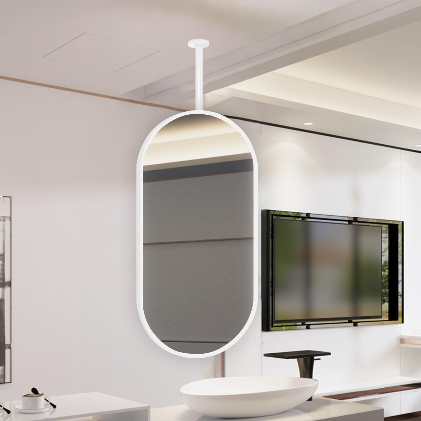 Nowoczesne owalne wiszące lustro sufitowe białe metalowe lustro ścienne do łazienki i salonu stylowe 40 x 60 cm montowane na pręcie dekoracja do makijażu oszczędzająca miejsce design