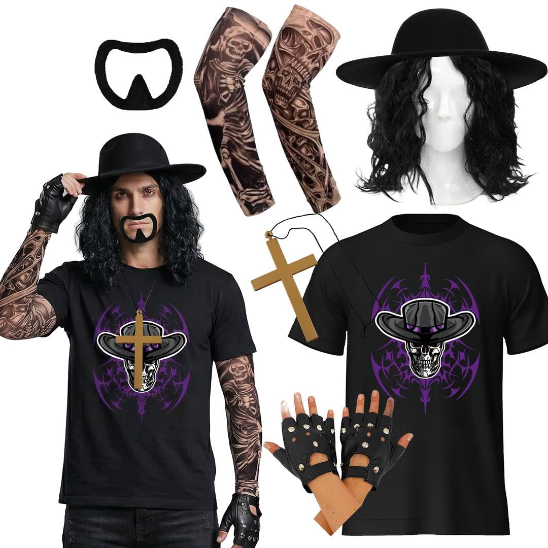 Adult 90s Wrestler Costume Set - Black Graphic Tee, Long Wavy Wig, Wide Brim Hat, Skull Tattoo Sleeves, Studded Gloves, Gold Cross & Goatee - Complete Legend Fancy Dress Outfit