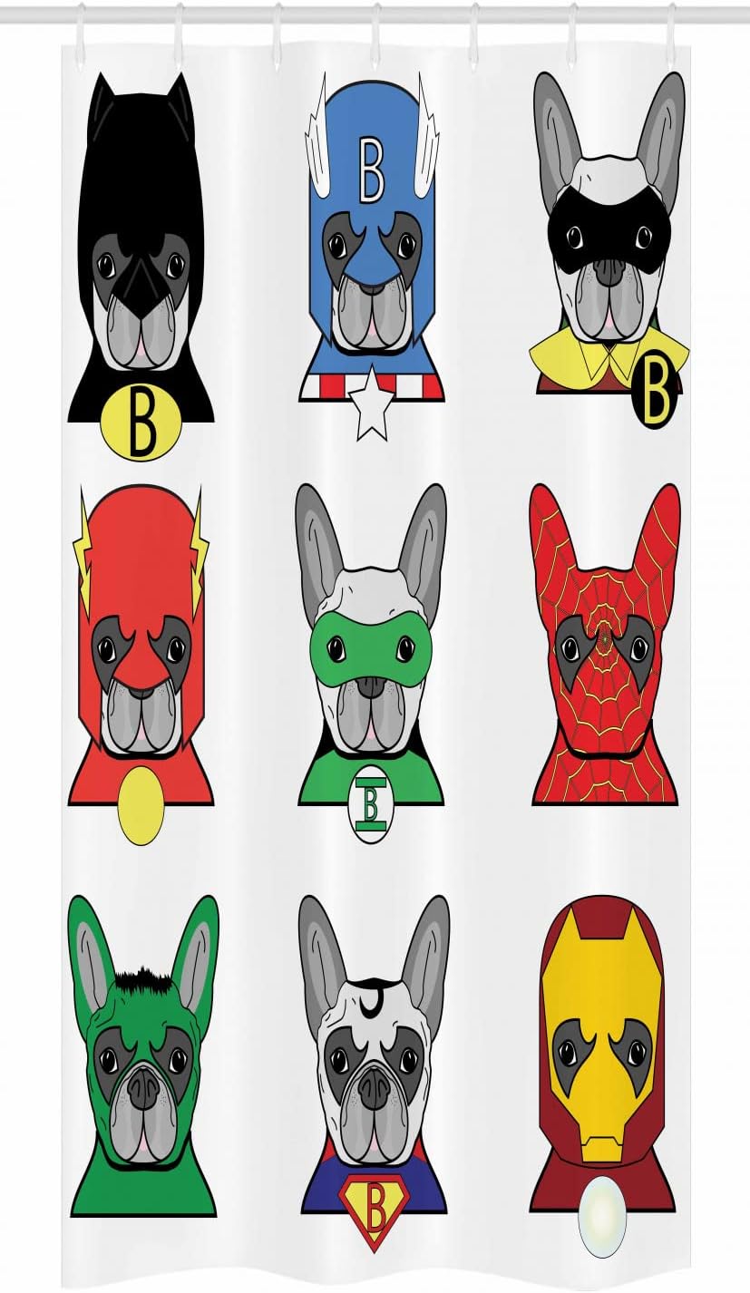 Ambesonne Superhero Stall Shower Curtain, Bulldog Superheroes Fun Cartoon Puppies in Disguise Costume Dogs Print, Fabric Bathroom Decor Set with Hooks, 36" W x 72" L, Vermilion Green