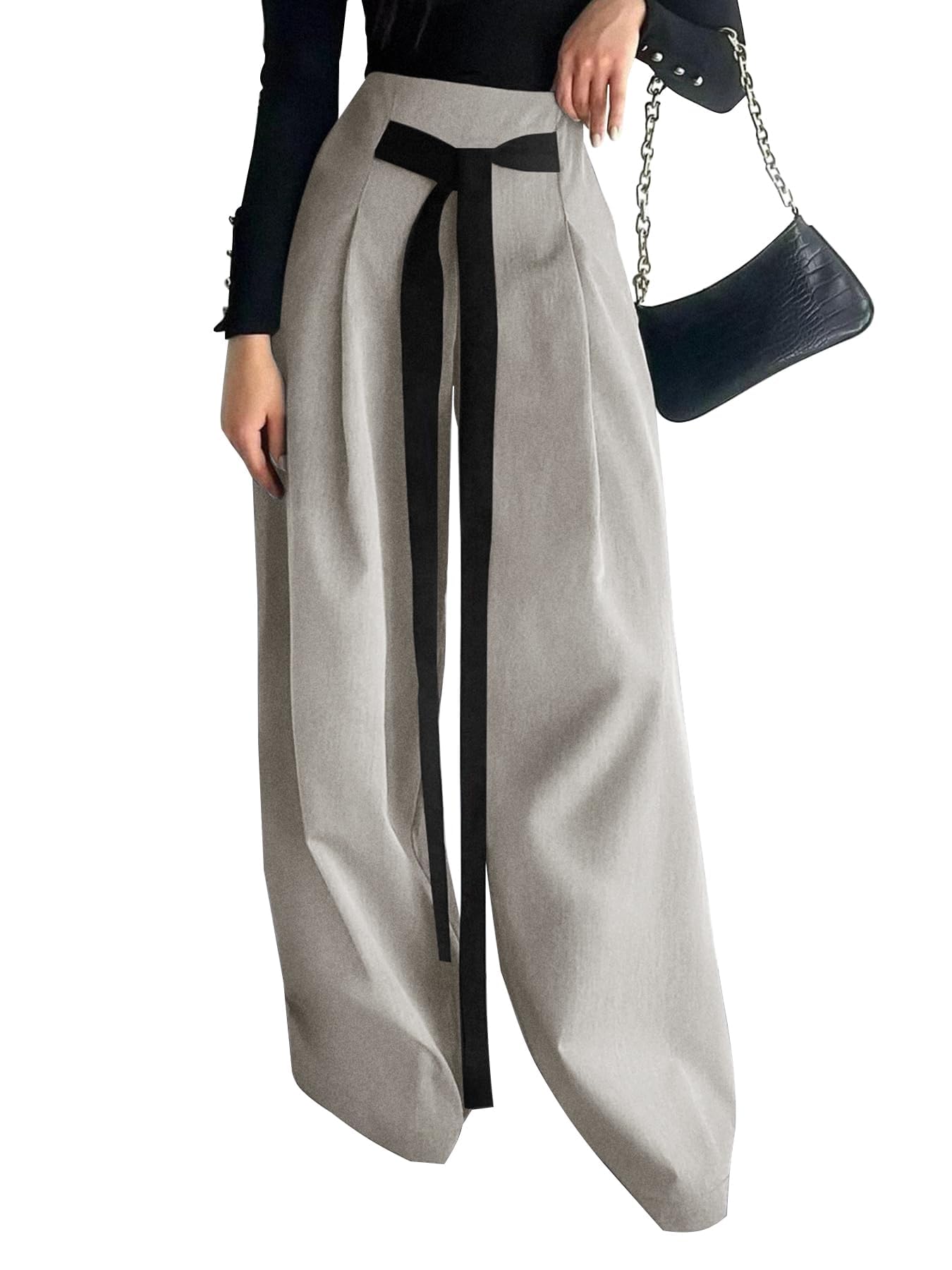 Womens Wide Leg Pants with Pockets High Waisted Casual Loose Tie Knot Business Trousers Pants Beige