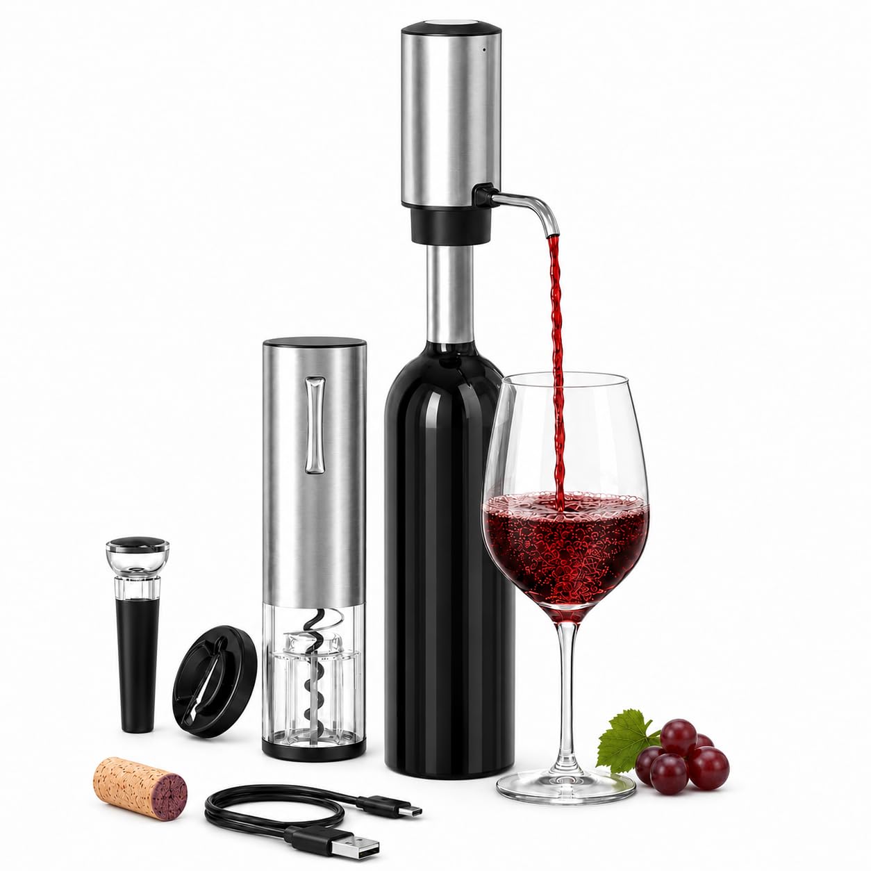 Juego de abridor y aireador eléctrico de vino con cortador de papel de aluminio y tapón al vacío, elegante caja de regalo de vino para Navidad, vacaciones y ocasiones especiales, perfecto para los