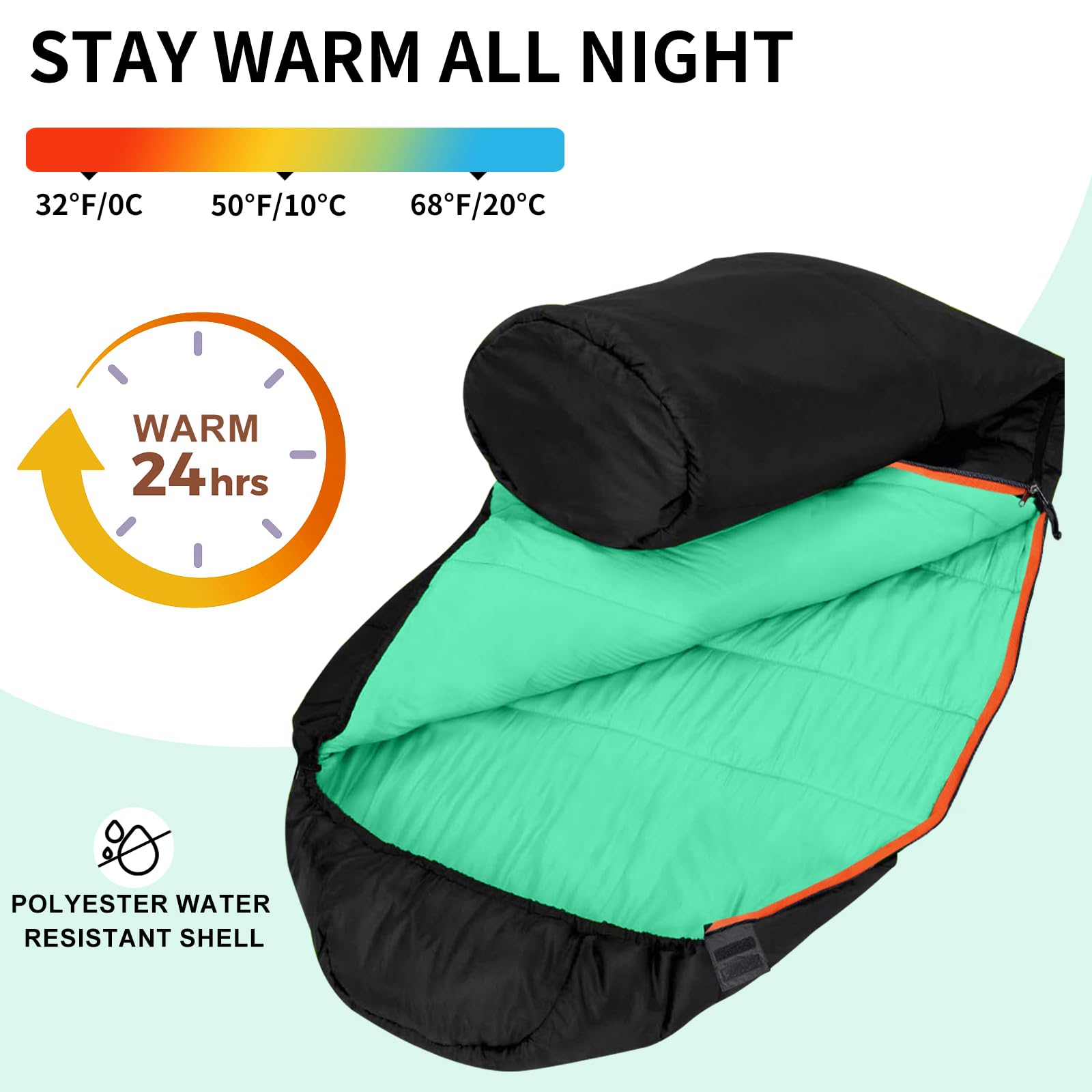 KAMPKEEPER Saco de dormir para momia, saco de dormir para acampar para clima frío, -0.0 °C 3-4 estaciones, saco de dormir para adultos, cremallera sin enganches con capucha ajustable para mochileros