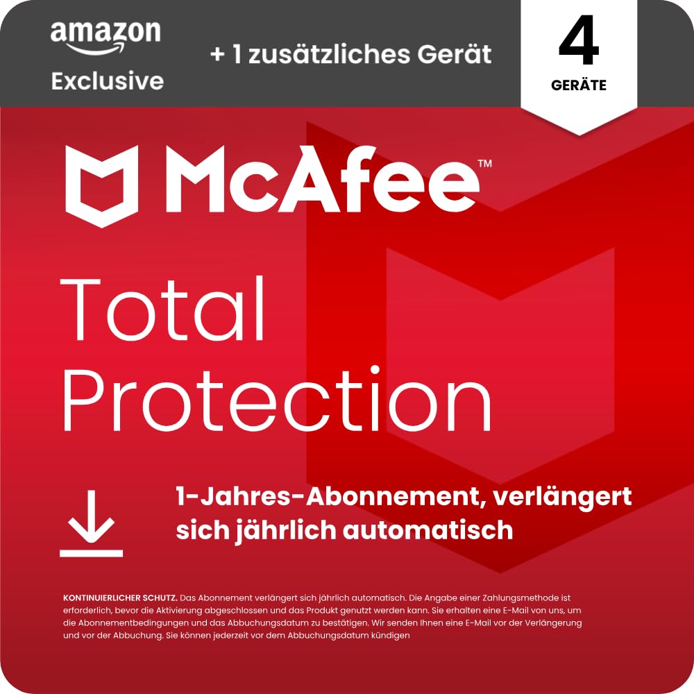 McAfee Total Protection 2026 (4 + 1 zusätzliches Geräte) | Virenschutz, VPN, Betrugsschutz, Sicherheitssoftware, Identitätsüberwachung | 1-Jahres-Abonnement mit automatischer Verlängerung | Download