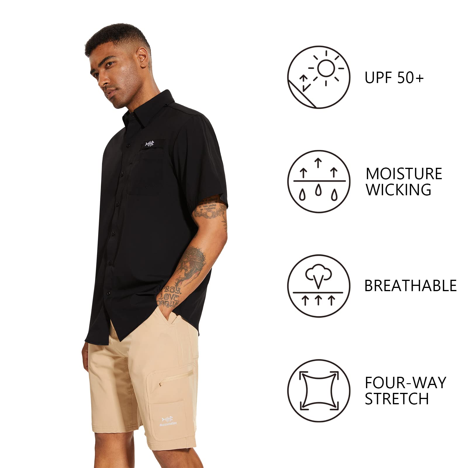 Bassdash Herren Angelhemd Sommer Freizeithemd Hawaiihemd UPF 50+ Kurzarm Button Down Blumen für Outdoor-Wandern und Camping