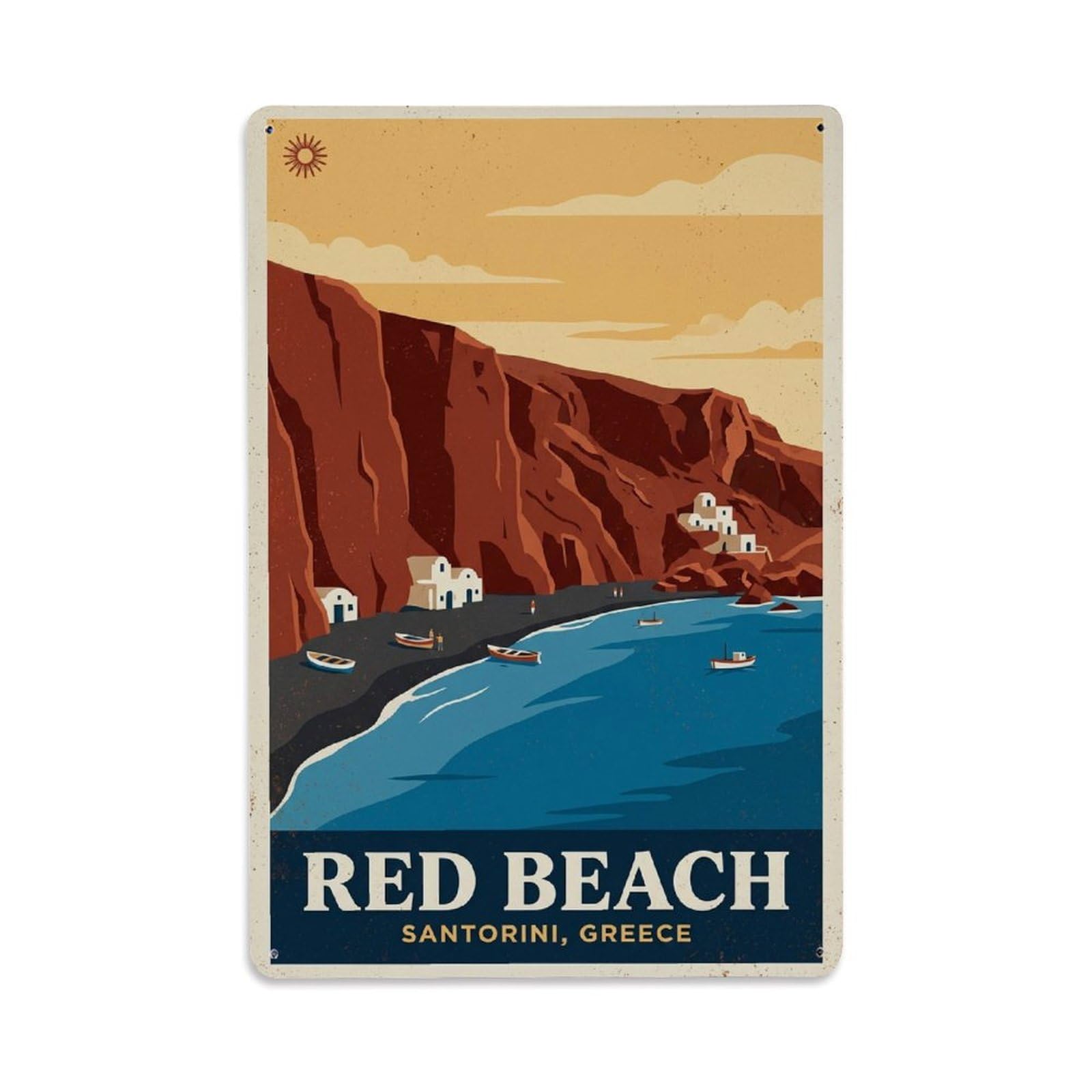 Fyrn Style Metal Tin Sign Vintage Travel Red Beach Greece Volcanic