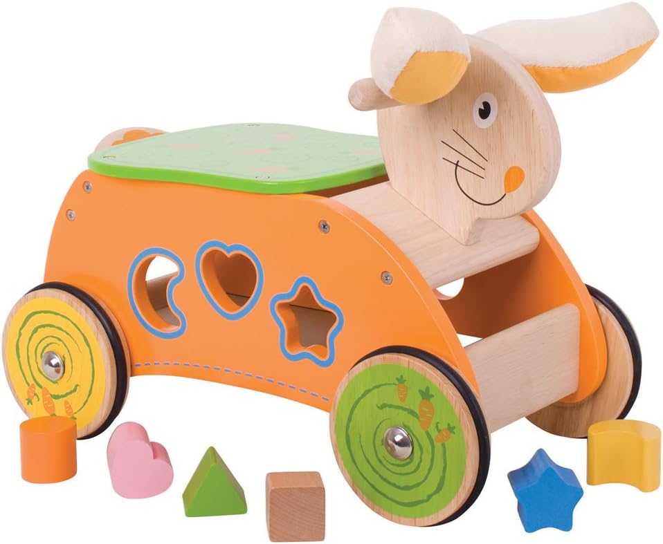 Bigjigs Toys Wooden Bunny Ride on with Shape Sorter - Educational Sit On Toy