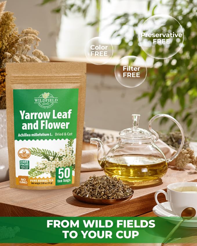 Image of 50 Bags Yarrow Herb Dried Yarrow Leaf & Flower Herbal Tea (Achillea Millefolium Tea) - 50 Count 1.5g Bags Herb Tea Milenrama Hojas