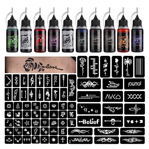 STIGMA Kit de Tatuajes Temporales, 10 Botellas de Tintas de Color, 84 Piezas, Kit de Plantillas para Pintura Corporal, (Negro * 2, Cian, Rojo, Verde, Azul, Púrpura, Marrón * 2, Naranja)