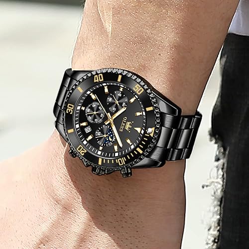 Miniatura 4 de OLEVS Relojes para hombre con fecha, relojes analógicos de acero inoxidable dorado y plateado prémium para hombre, bisel giratorio clásico para