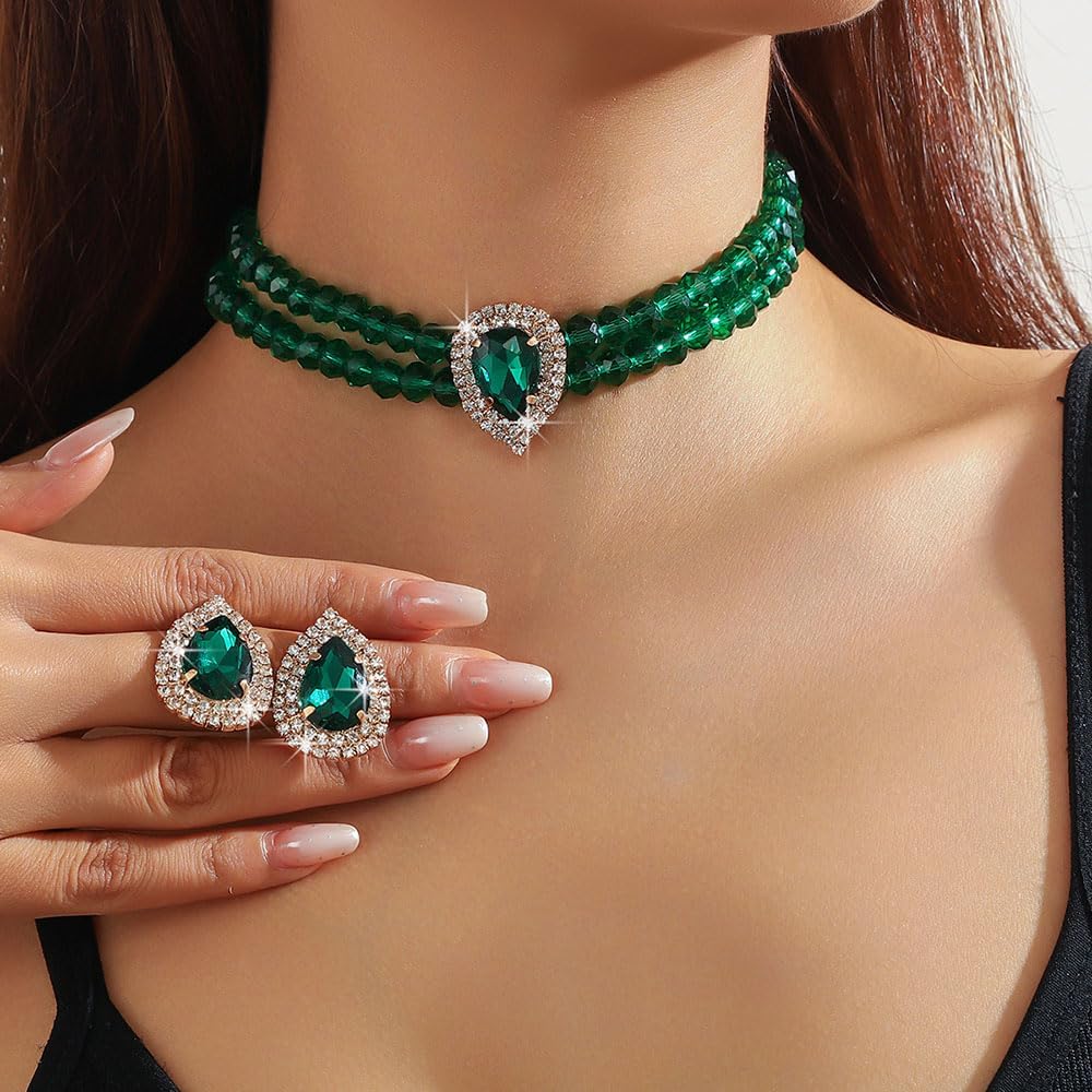 Missgrace Vintage Boho Bride Wedding Black Red Blue Large Party Prom Teardrop Rhinestone Layered Choker Necklaces and Earrings Set for Women - Image 2