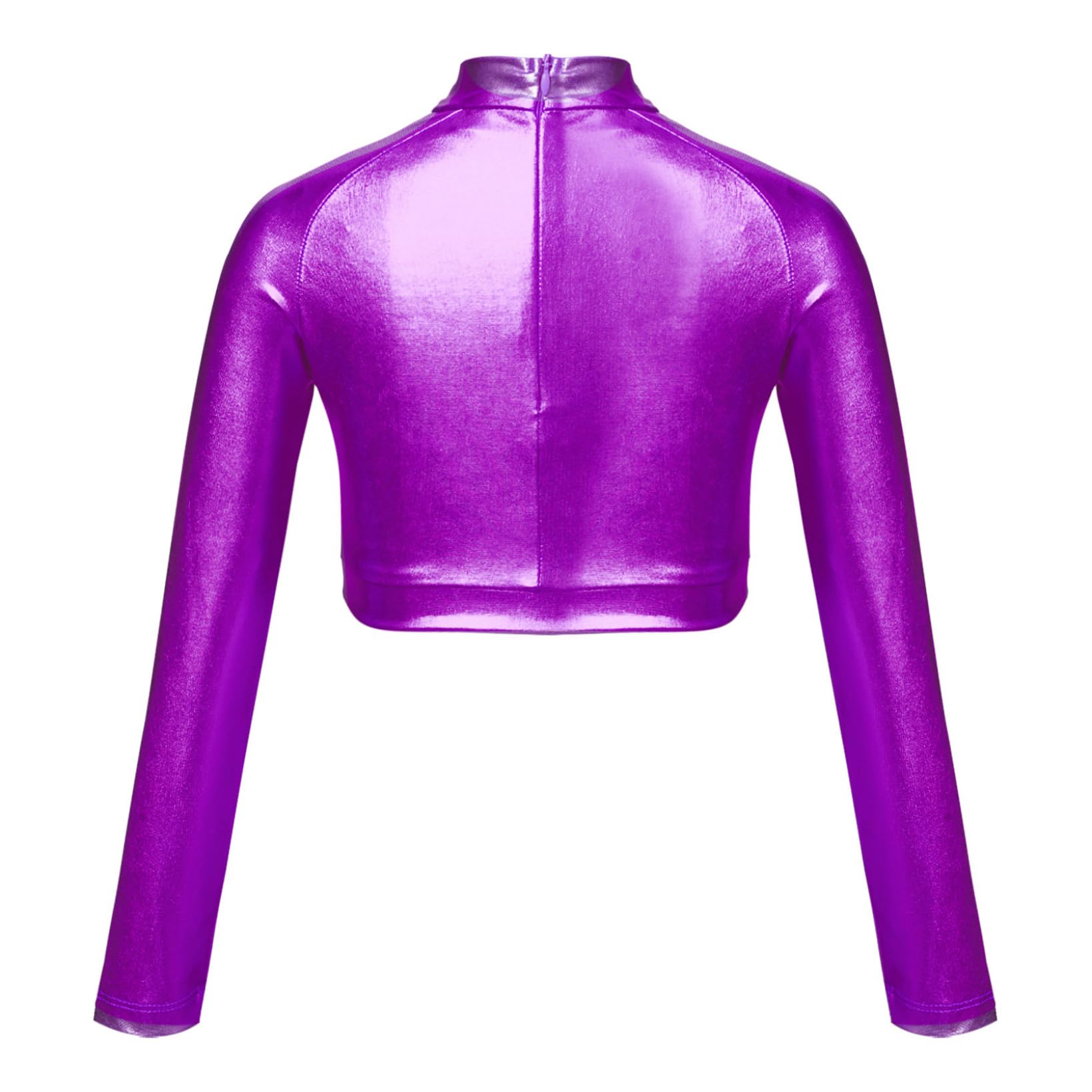 JanJean Girls Metallic Long Sleeve Dance Crop Tops Kids Mock Neck Athletic Tops Hip Hop Jazz Gymnastics Ballet Dancewear Purple 6 Years