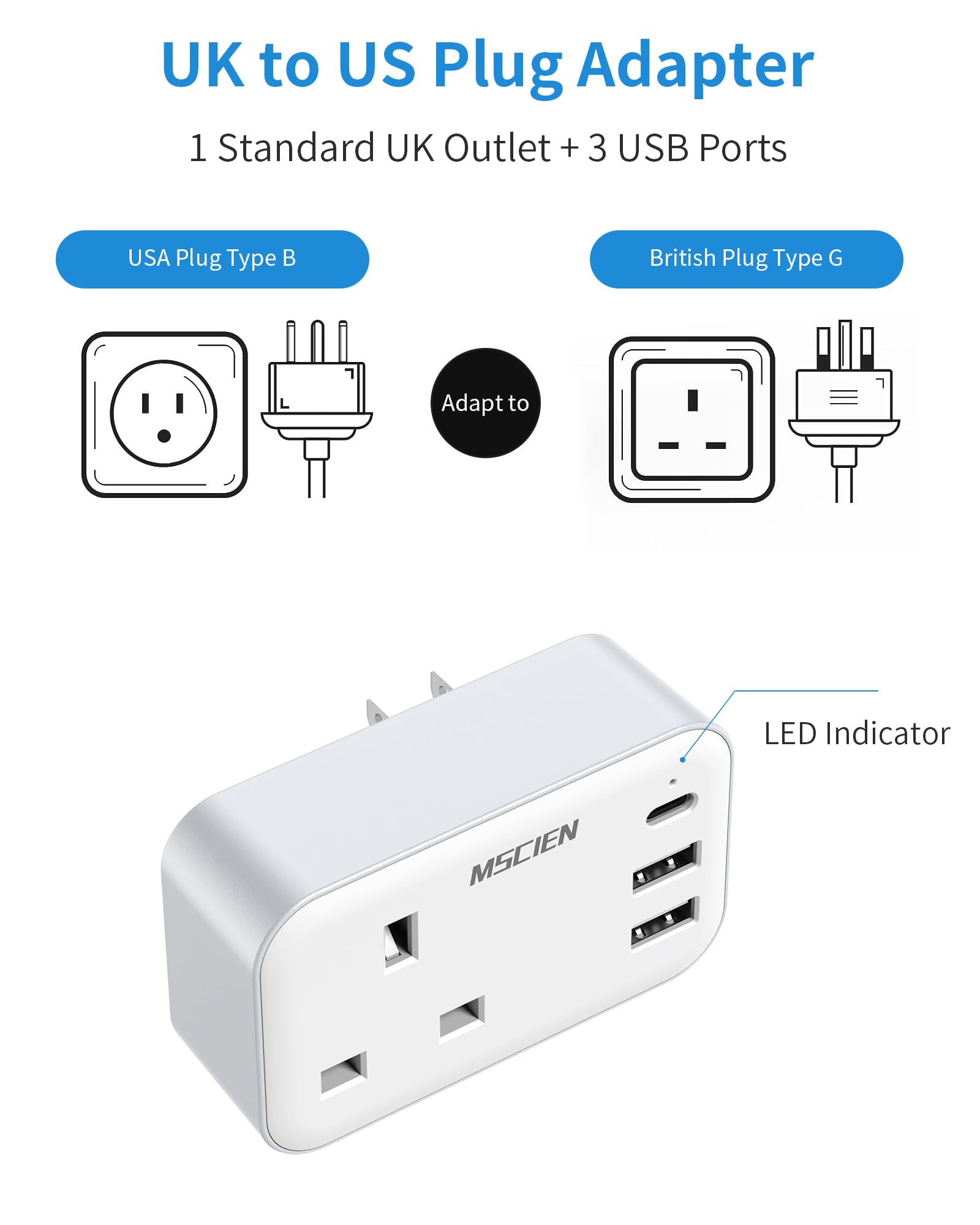 UK to US Plug Adaptor, Mscien USA Travel Adapter With 3 USB Ports (1 USB C) - Image 4