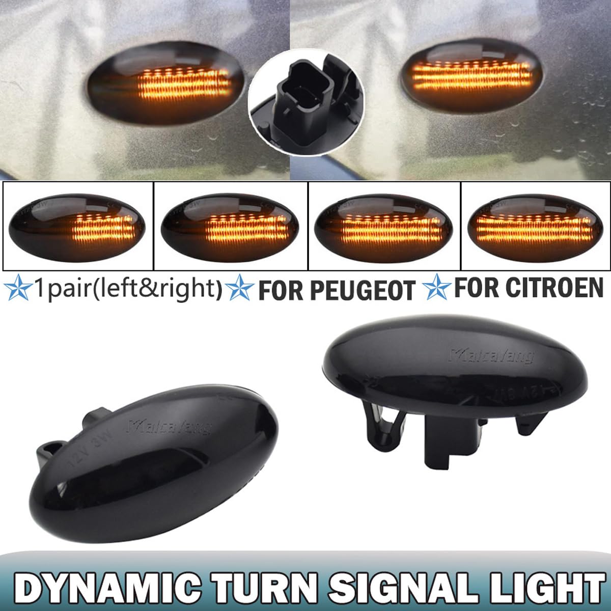 Dynamiczne boczne kierunkowskazy LED (migotanie sekwencyjne) kompatybilne z Peugeot 1007, 107, 108, 206, 301, 307, 407, 4007, 607 i kompatybilne z Citroën C1, C2, C3, C5, C6