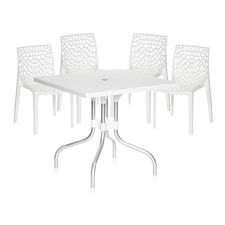 Binani Web with Olive Square Dining Table 4 Seater | Plastic Dining Room Set for Garden/Outdoor & Indoor|1 Dining Table with 4 Chairs-5 Piece|1 Year Warranty (White)