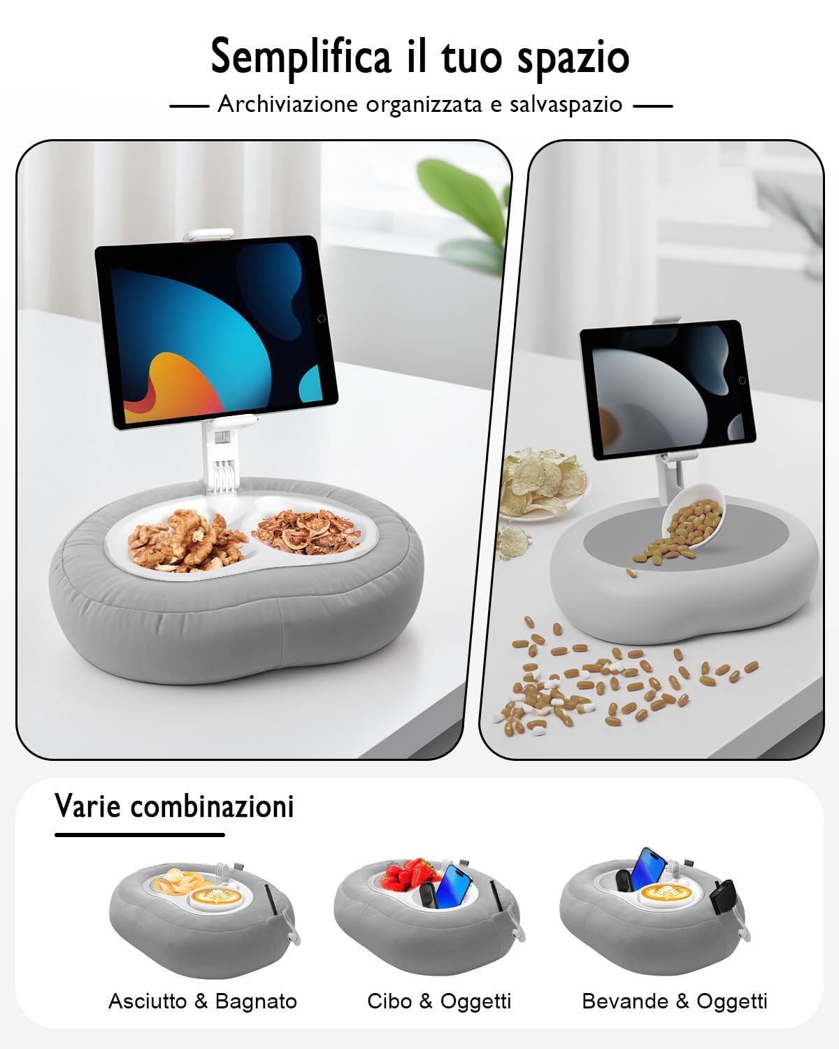 Miledi Cuscino Supporto Tablet per Letto e Divano, Supporto Kindle e iPad Regolabile a 360° per Dispositivi da 5 a 12,9 Pollici, con Porta Bicchiere e Vassoio Snack per Lettura e Relax, Grigio