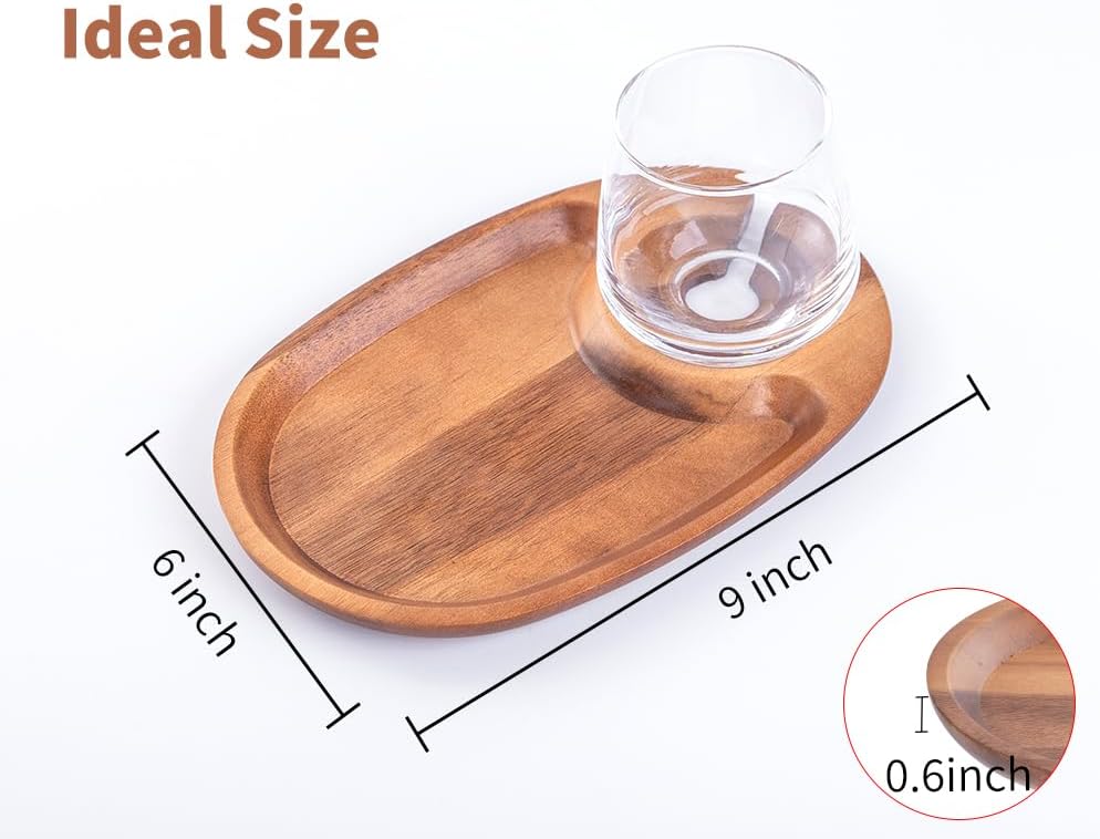 Wine Appetizer Plates, Acacia Mini Cheese Boards with Built-in Glass Holder, Wood Individual Cocktail Charcuterie Plates, Serving Platters Boards for Gatherings, Entertaining, Set of 4