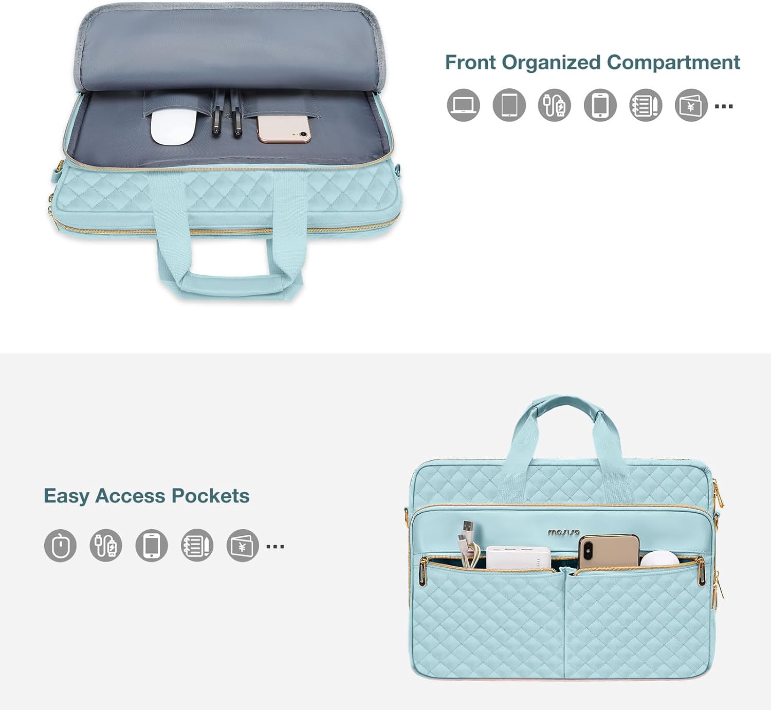 MOSISO 15-15.6 inch Laptop Bag, Briefcase for Women&Men, 16 inch Square Quilted Computer Messenger Bag Office Travel Business with 3 Pockets&Strap, Ice Blue - Image 5