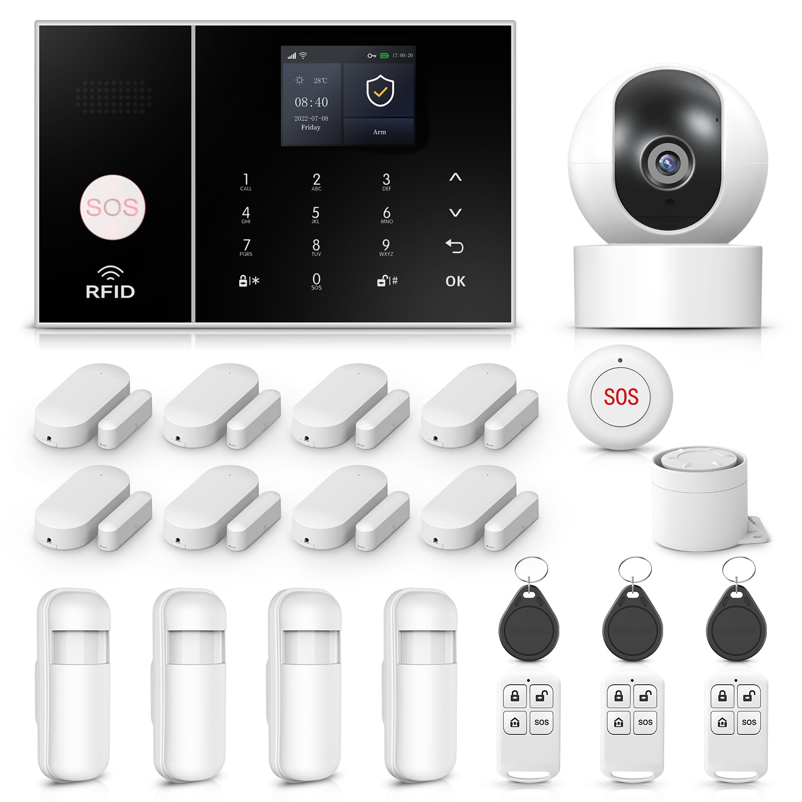 Sistema de Alarma de Seguridad para el hogar Inteligente, Alarma WiFi 4g,con cámara de Alta definición 2mp, Sensor de Movimiento pir,Control Remoto,Sensor de Puertas y Ventanas,Juego de 22 Piezas