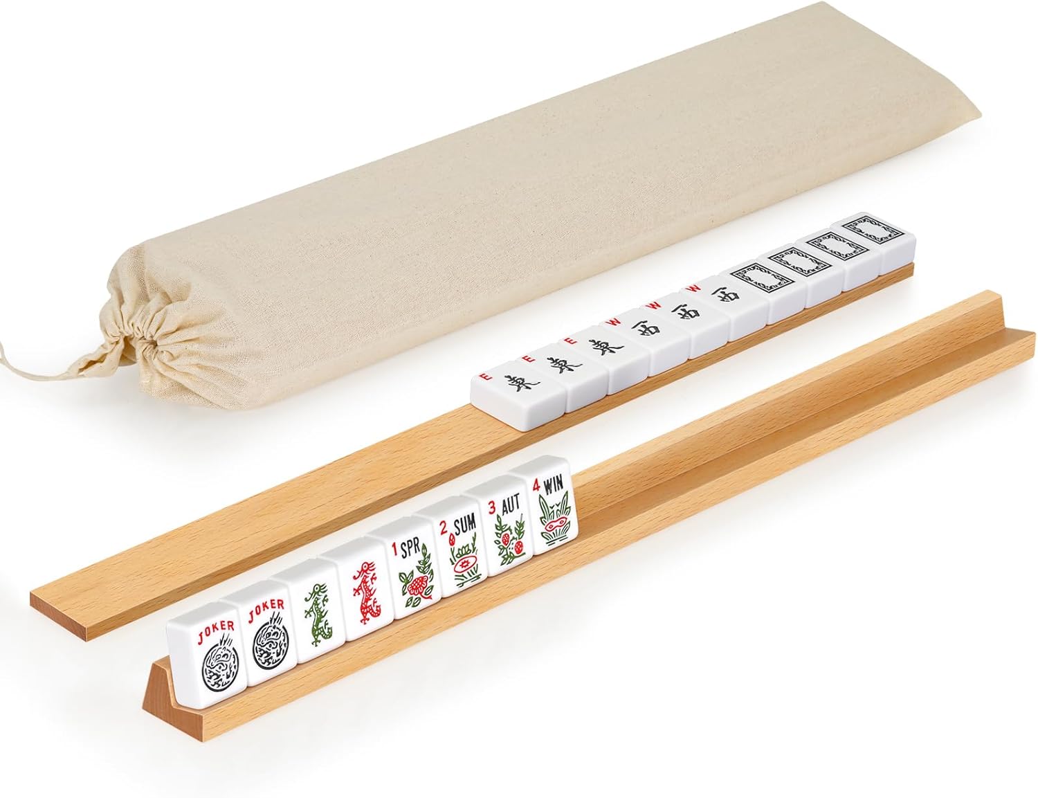 Beechwood Mahjong Racks with Pushers Set of 4, 17 Inches Classic Wooden Mahjong Tile Holder with Storage Bag, All-in-One Tile Rack for American Mahjong, Dominoes, Mexican Train