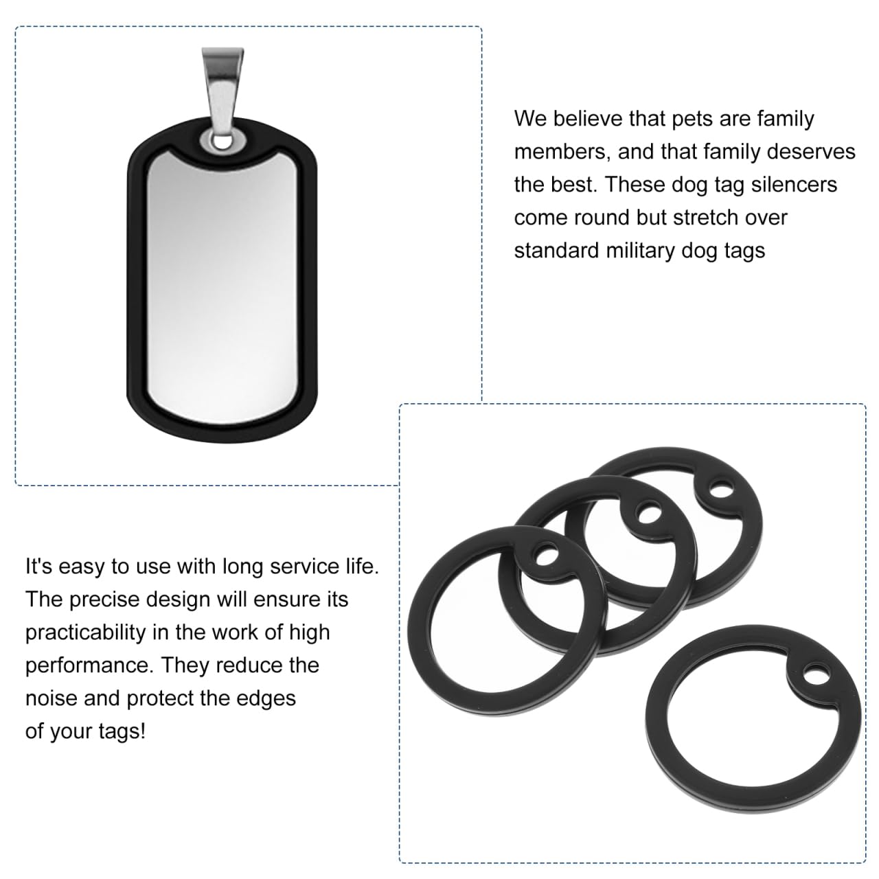 Garneck Lot de 4 étiquettes pour chien en silicone - Noir - Anneau en caoutchouc pour médailles de chien - Protège et atténue les bruits des étiquettes d'identification de chien militaire