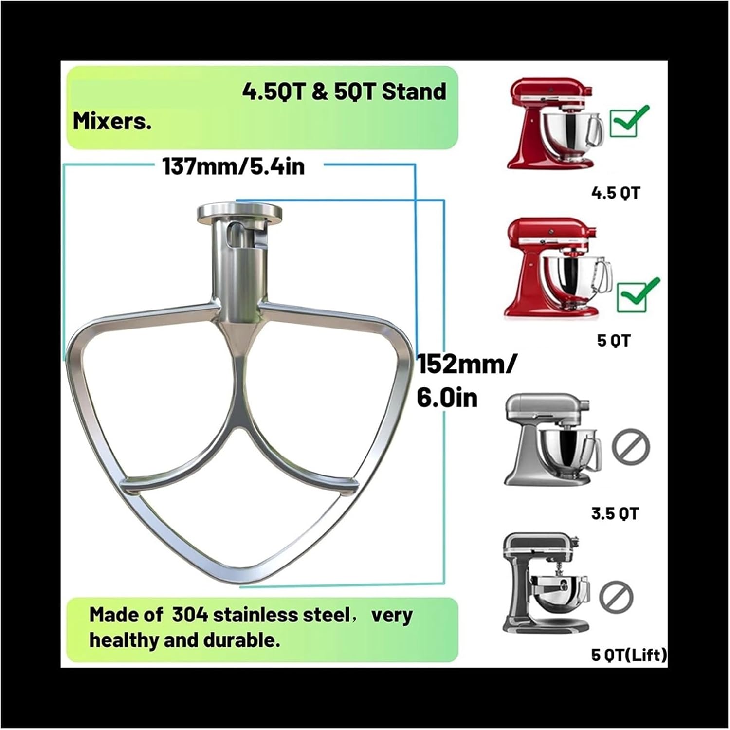 ALturn Stainless Steel Flat Beater ，Compatible for KitchenAid 4.5-5QT ，Stand Mixers Accessories Replacement, No Coating, Dishwasher Safe