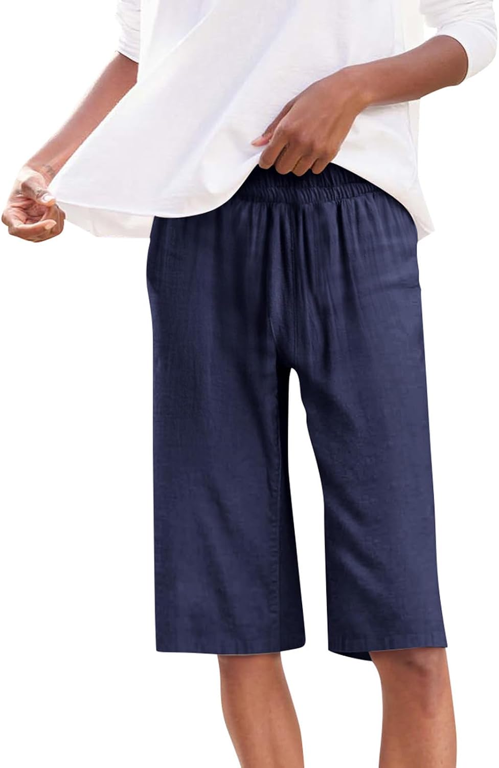Women Knee-Length Pants 2026 Summer Casual Straight Shorts Cotton Linen Bottoms Elastic Waist Beach Slacks with Pocket