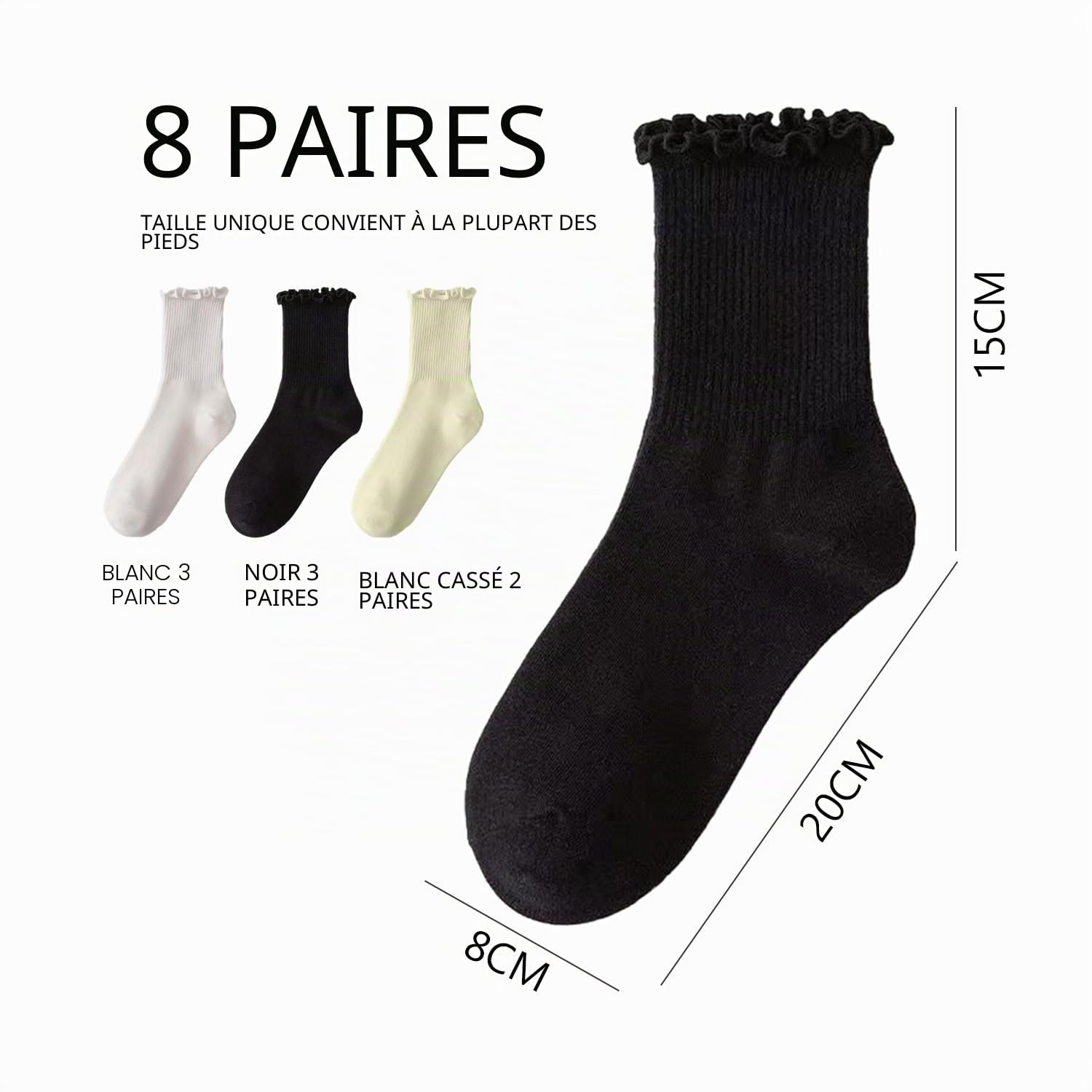 Lot de 8 paires de chaussettes à volants en coton plissé pour femme - Chaussettes élastiques mi-mollet (noir, blanc, blanc laiteux), noir, blanc, blanc laiteux, L