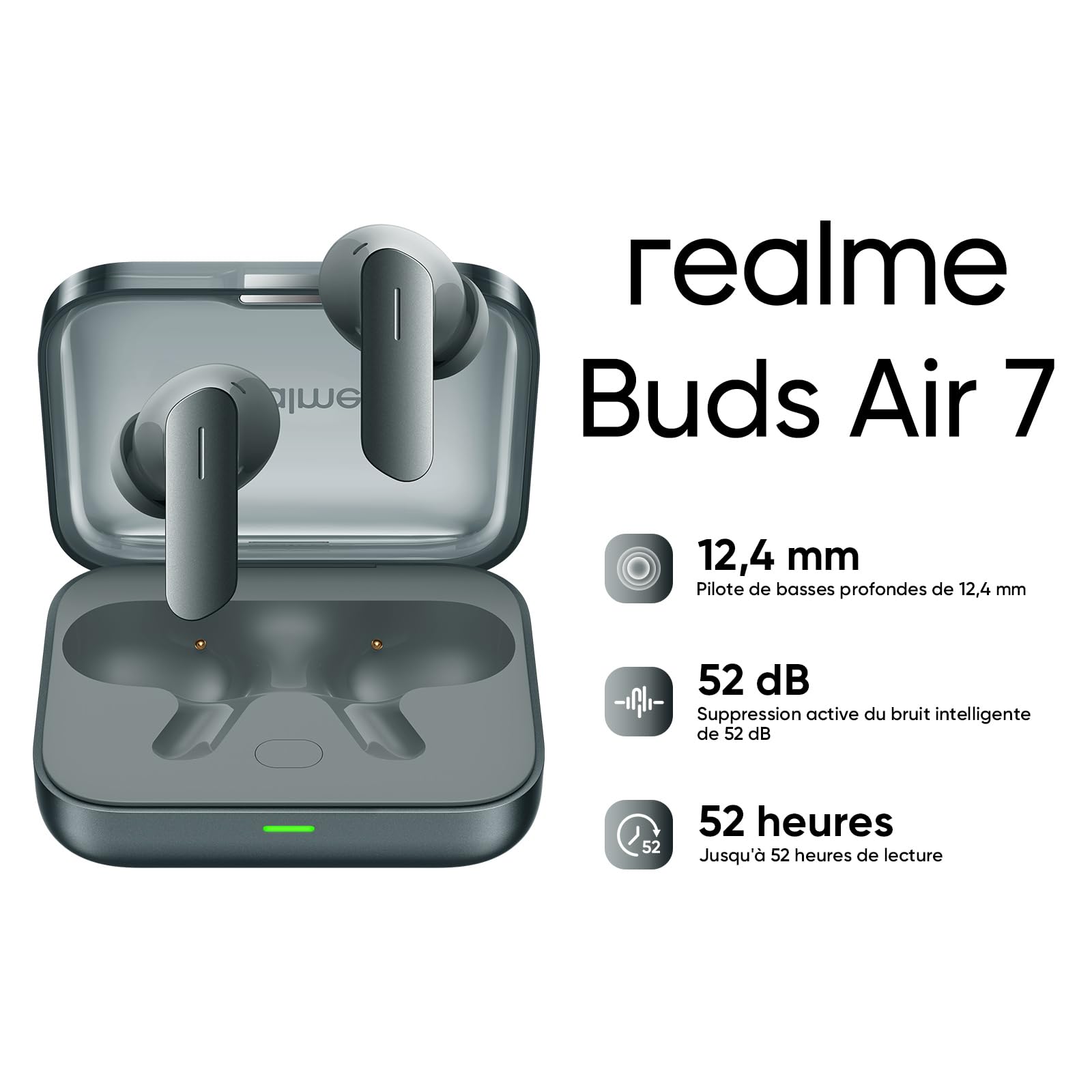 realme Buds Air 7 Écouteurs True Wireless, Pilote Bass Mega Titanisé de 12,4 mm, ANC Smart 52 DB, Audio Hi-Res & LHDC 5.0, Autonomie jusqu'à 52 Heures, Son Spatial 360 °, Vert Mousse