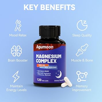 Magnesium Supplement with Vitamin D3 K2- Chelated Magnesium Complex 1800mg - Magnesium L-Threonine & Glycinate -120 Capsules