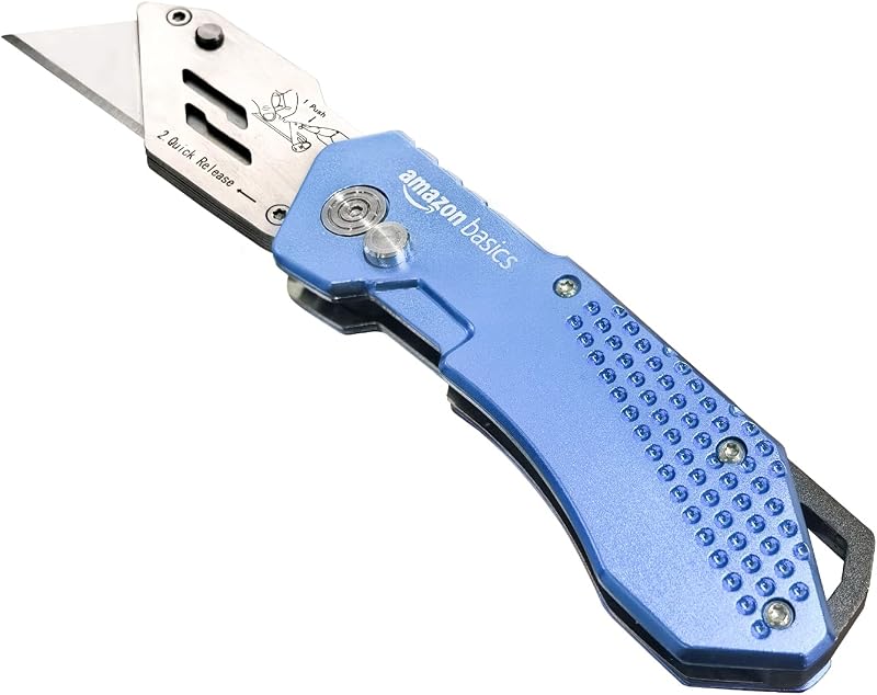 Amazon Basics Folding Utility Knife Box Cutter with Locking Mechanism, Quick Change Blade, Lightweight Aluminum Body, Holster, Light Blue