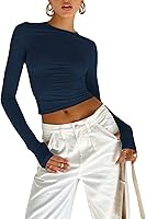 Vista 72 de Blusa corta básica casual para mujer, ajustada, manga larga, cuello redondo, color sólido, para otoño, camiseta ajustada Gris claro