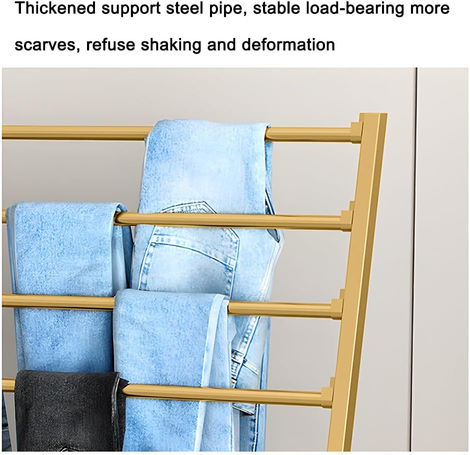 Zfmnoyev 10 Tier Metal Scarf Holder Organizer, Freestanding Ribbon Silk Scarf Blanket Rack， Movable Sheets Belt Suit Pants Hanging Shelf, for Commercial Clothing Retail Store(Gold,80x40x155 cm)