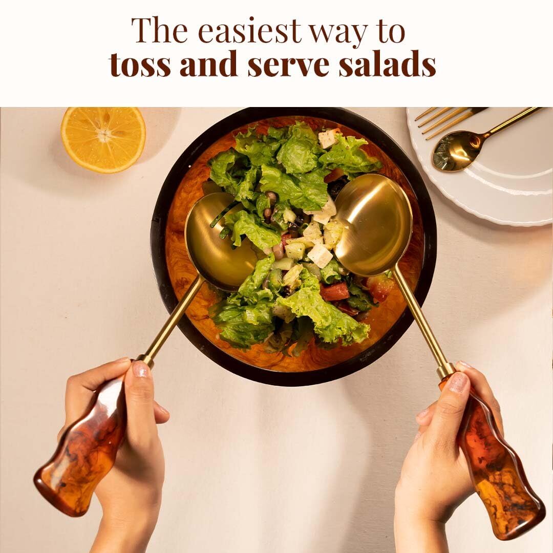 Folkulture Pinzas de ensalada de metal con resina para servir o servir cucharas, pinzas para servir pasta, frutas o ensaladas, tenedores de ensalada de acero inoxidable (marrón dorado, 12 x 3 pulgadas