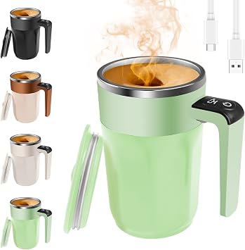 Automatic Stirring Coffee Cup with Temperature Display, Rechargeable Coffee Mug, 13.5oz Self-Stirring Mug with Lid, Stainless Steel Material Suitable, Milk, and Other Beverages Green