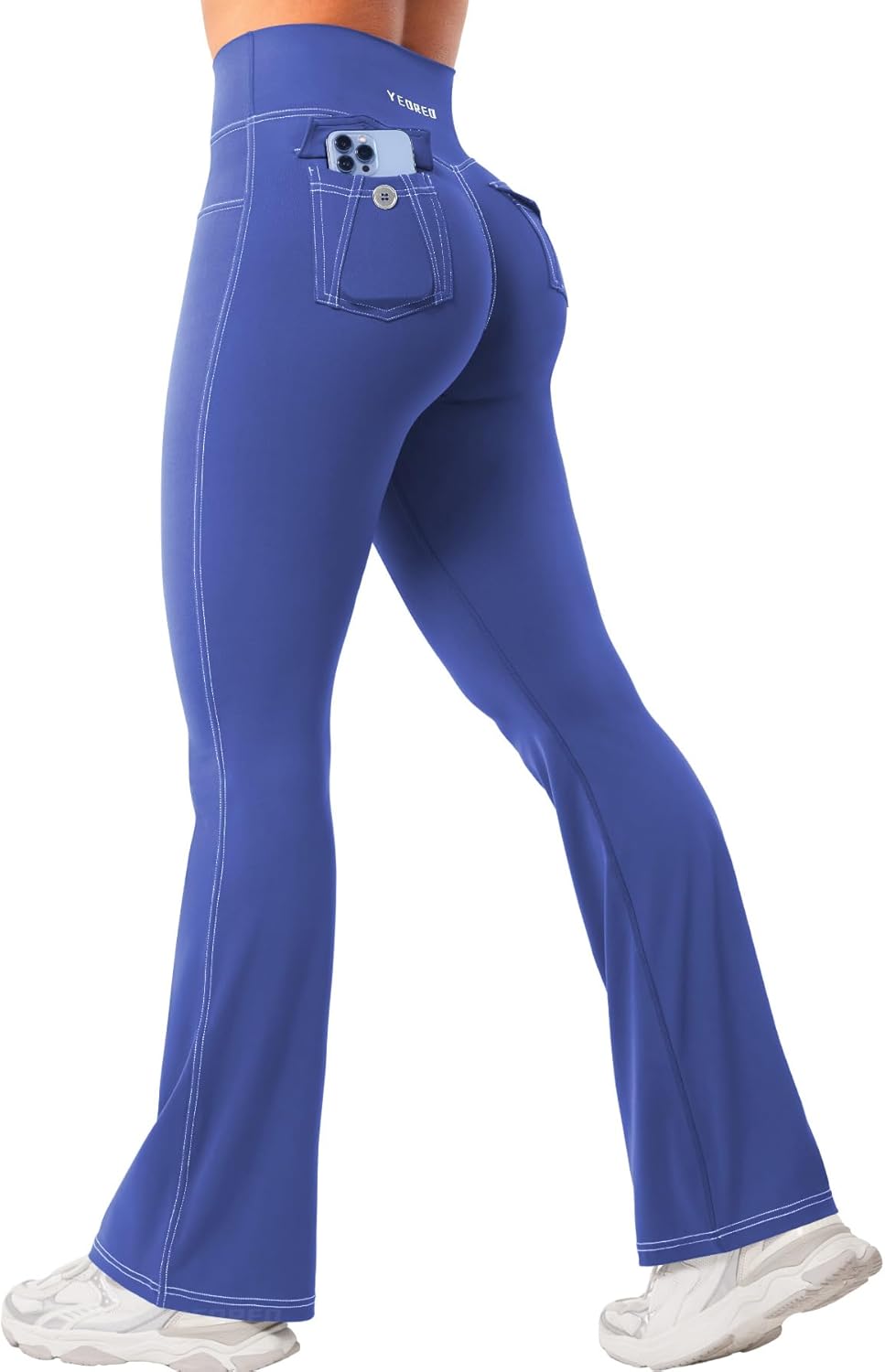 YEOREO CoreFlex Women Workout Mini Flare Leggings with Pockets Hidden Scrunch Cargo Gym Casual Denim-Look Yoga Pants