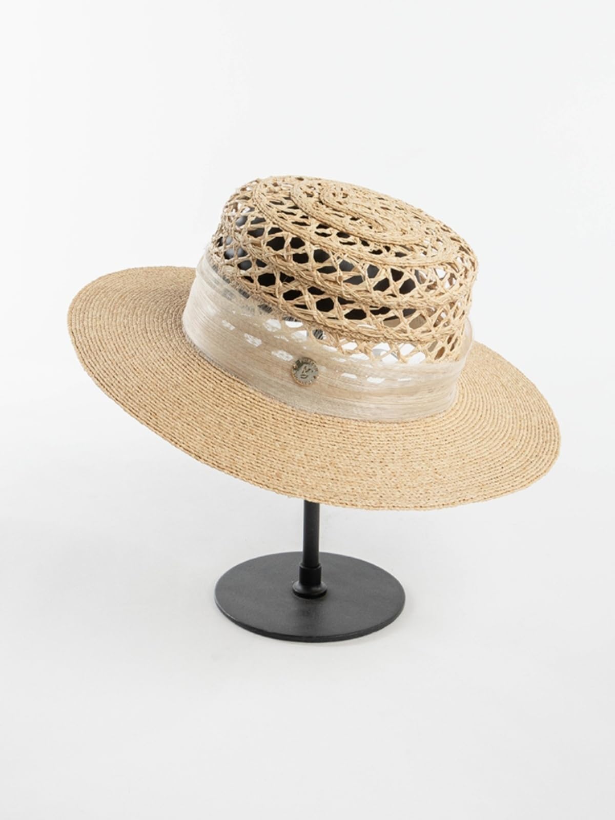 Generico Cappello da Sole in Paglia Lafite da Donna - Nastro in Lino e Logo in Metallo, Tesa Larga per Protezione UV