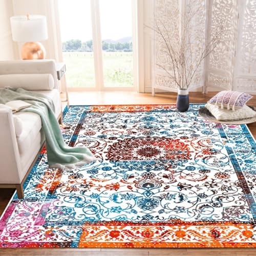 Teal Orange Vintage Floral Distressed Washable Wool Area Rugs for