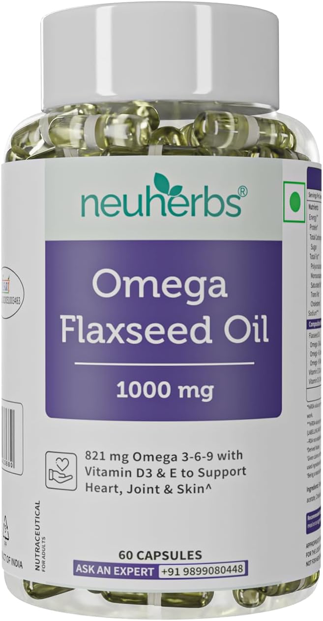 Neuherbs Cold Pressed Flaxseed Oil Capsule 1000mg With Omega 3-6-9 For Men & Women | 821mg With Vitamin D3 & E To Support Heart, Joint & Skin | Vegetarian Omega 3 (60 Capsules)