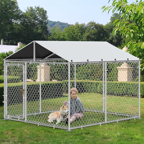DWVO Outdoor Dog Enclosure with Roof, 7.5'x7.5' Dog Kennel Outside with Metal Gate, Dog House Large Dogs for Yard