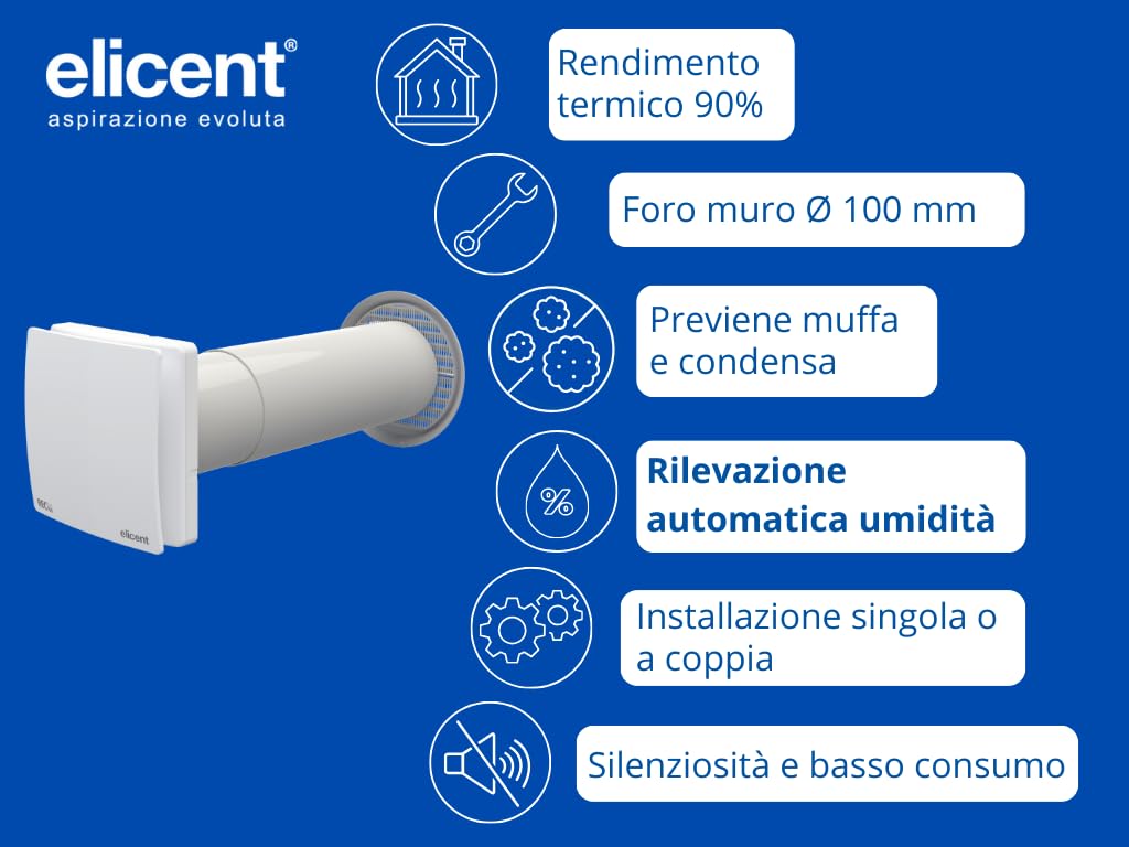 ELICENT | Rec Duo 100 Mhy, ø100 mm, Set da 2 Pezzi, Unità di Ventilazione VMC Decentralizzata, Doppio Flusso con Recupero di Calore, Timer e Umidostato Regolabili, Made in Italy