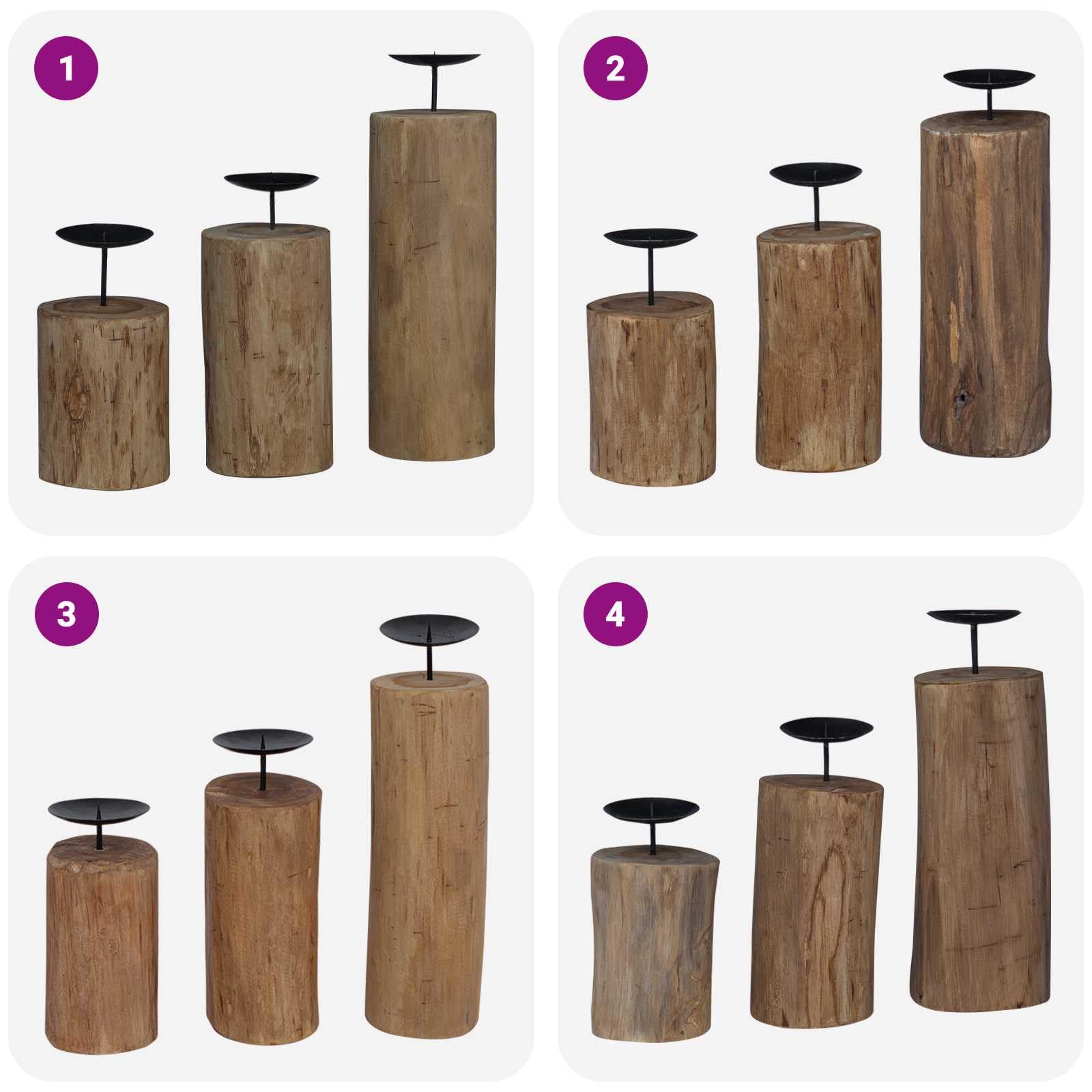 Kerzenhalter Set aus massivem Teakholz Natur, 3 Stück für Stabkerzen und Säulenkerzen, mit Maßen 12x12x29 12x12x20 12x12x15 cm, für Tischdeko im Wohnzimmer