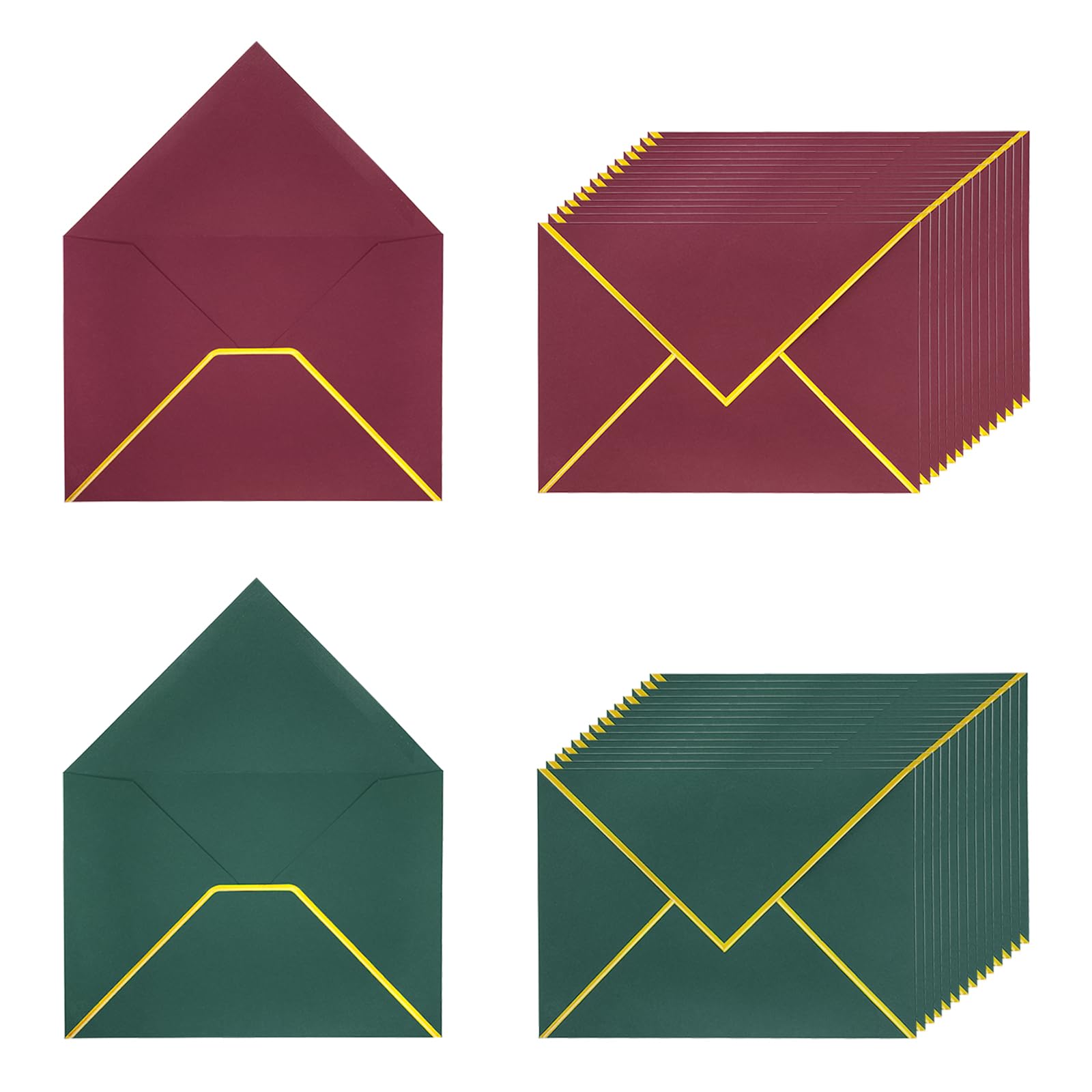 Quacc 30 sobres de Navidad A7 de 5 x 7 con borde dorado, solapa en V, sobres de invitación para tarjetas de regalo de boda, fiesta de cumpleaños, graduaciones (borgoña y verde oscuro)