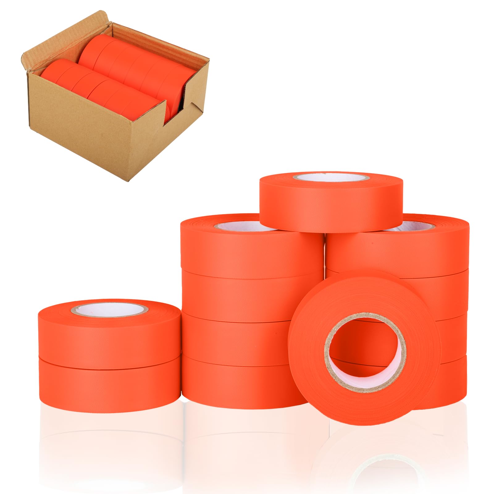KIWIHUB 12 Pack Fluorescent Orange Flagging Tape, Non Adhesive Surveyors Tape, Neon Tree Marking Ribbon, Great Visual Labeling & Tagging for Home &