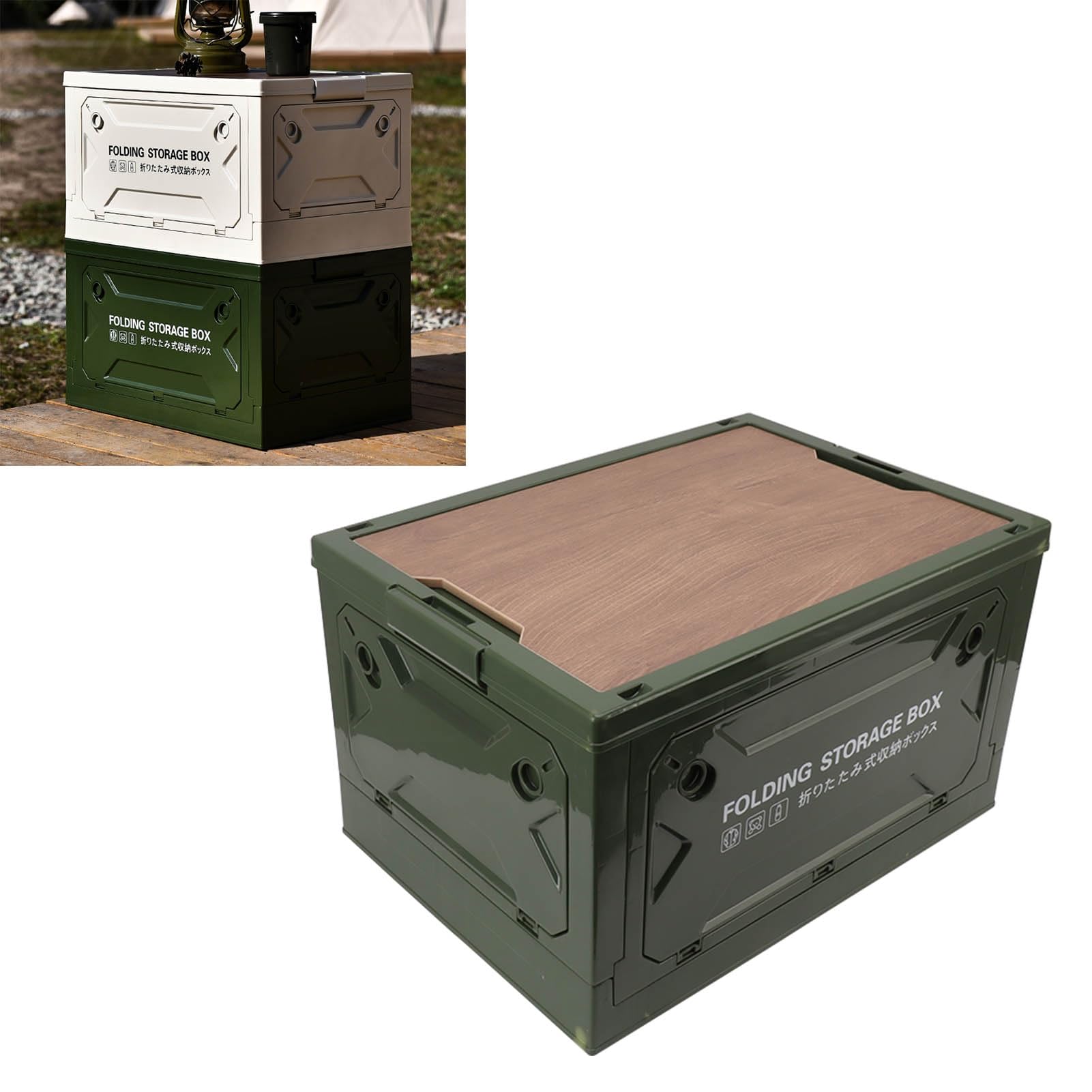 Caja de Almacenamiento Plegable de 50 litros con Tapa de Madera, Ruedas, contenedor Plegable Resistente con diseño Abierto de 5 vías, Organizador de Gran Capacidad para Camping, (OD Green)