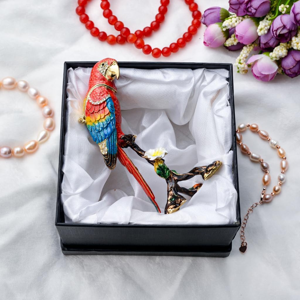 Golden Crystal Enameled Red Parrot Jewelry Box, Hand-Painted Hinged Bird Trinket Box, Elegant Home Décor & Gift for Bird Lovers