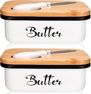 Butter Dish with Lid for Countertop, AISBUGUR Metal Butter Keeper with Stainless Steel Multipurpose Butter Knife, Butter Container with Double High-quality Silicone Good Kitchen Gift Set of 2 White