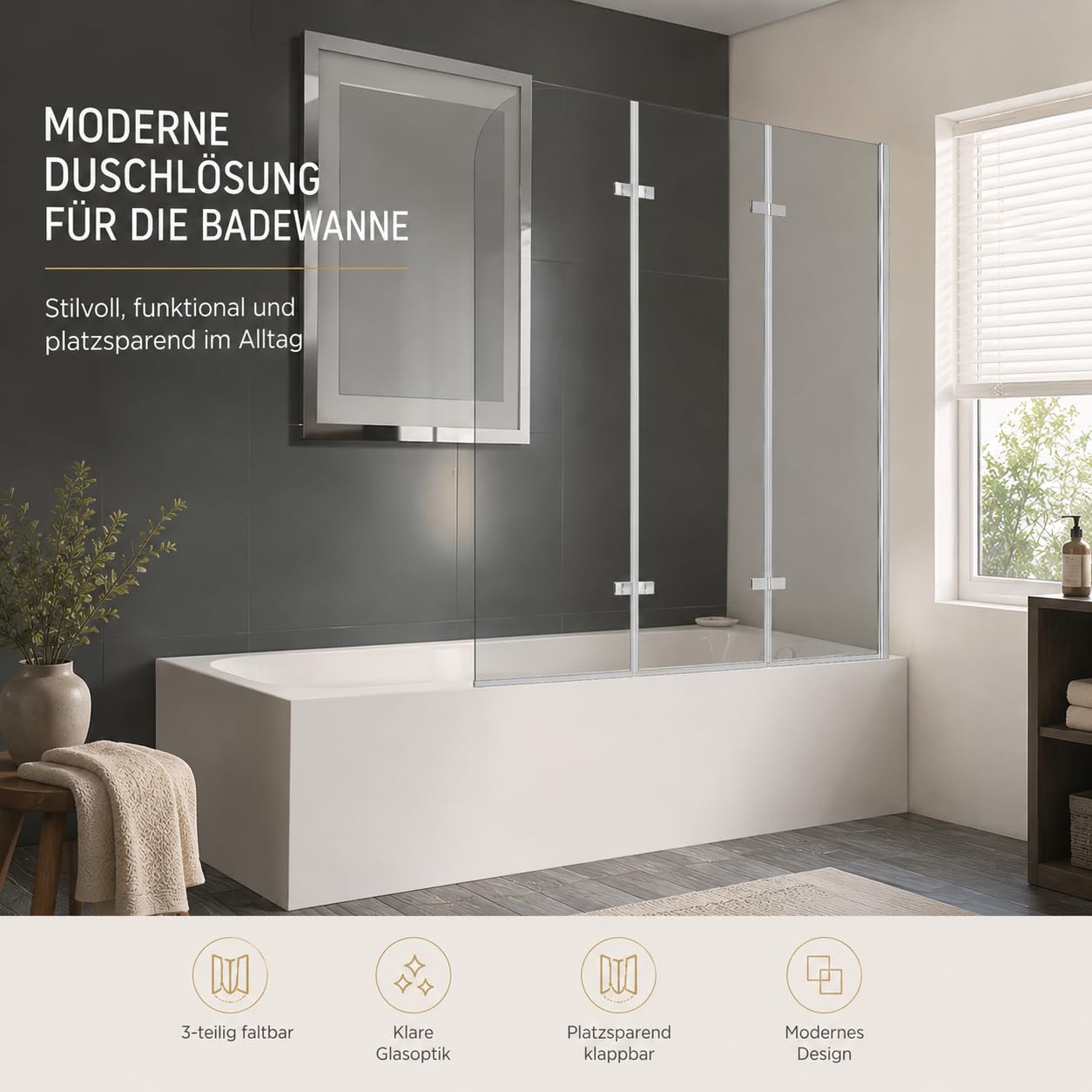 Duschwand für Badewanne 120 x 140 cm